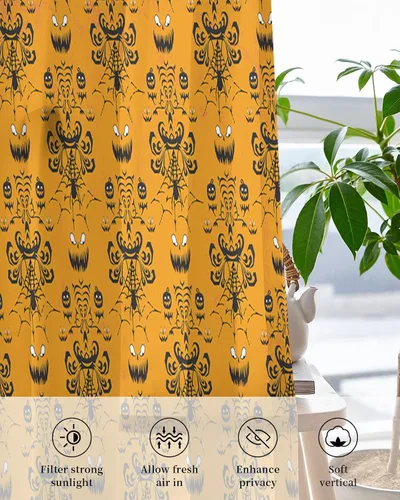 Miniatura 4 de Sheer Curtains 52x72 Inch Long Halloween Grimace Haunted Pumpkin Orange Semi Sheer Curtains Voile Grommet Drapes Chiffon Window Curtain for Living