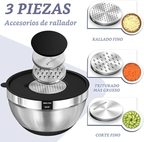 Miniatura 3 de Umite Chef Cuencos para Mezclar con Tapas Herméticas, Juego de 8 Cuencos de Acero Inoxidable para Mezclar Anidables, 3 Accesorios de Rallador y Negro