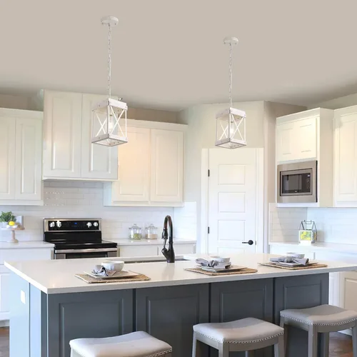Miniatura 2 de Fivess Lighting - Lámpara colgante rústica de una luz ajustable con jaula de madera y metal, estilo granja moderna en blanco envejecido, lámpara