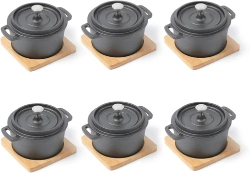 HAWOK Mini horno holandés de hierro fundido con tapa Sartén para fundir 9.1 fl oz/9.13 oz/1.08 tazas, color negro, juego de 6