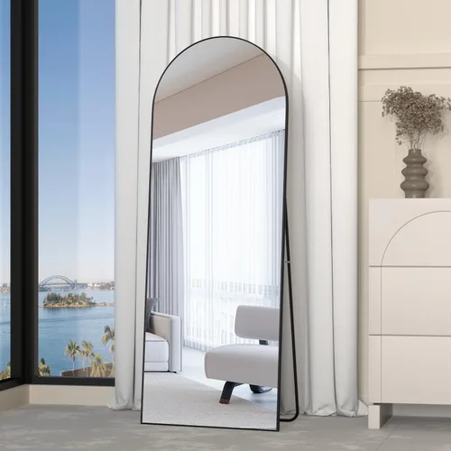 Miniatura 5 de Espejo de longitud completa, espejo de arco de 56 x 16 pulgadas con soporte, espejos de cuerpo completo arqueados negros para colocar de pie