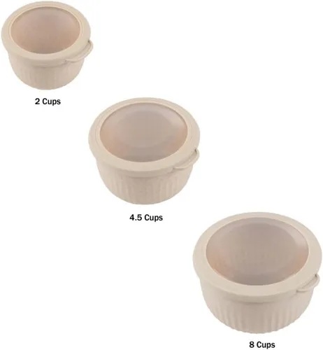 Miniatura 5 de Classic Cuisine - Juego de 3 cuencos con tapas, aptos para microondas, congelador y refrigerador, artículos esenciales de cocina ecológicos (beige)