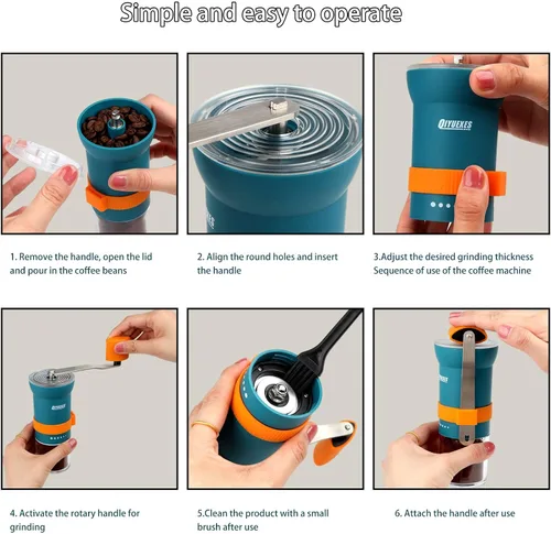 Miniatura 6 de Molinillo de café manual portátil con rebaba cónica y 6 ajustes de grosor ajustables, molinillo de frijoles de manivela para camping, senderismo