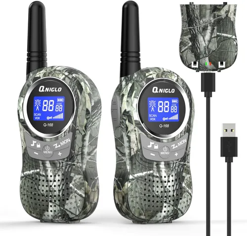 QNIGLO Walkie Talkies para acampar para niños recargables, Walkie Talkies de camuflaje para niños y niñas, adecuados para juegos de aventura al aire