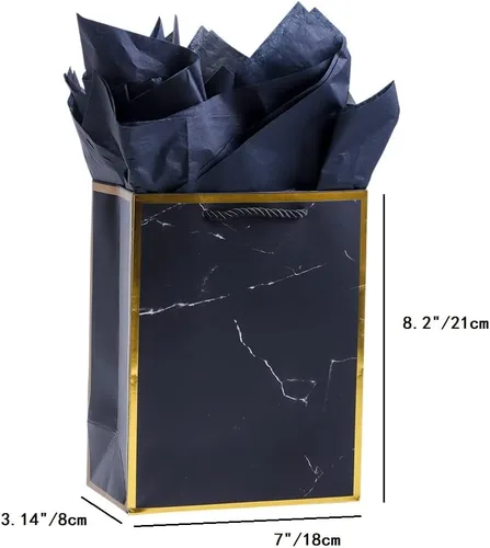 Miniatura 6 de ysmile Bolsa de papel de regalo de mármol negro con papel de seda para hombres, bolsa de favor de cumpleaños, paquete de 2 (mediano y grande)