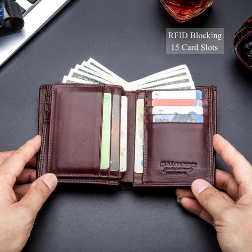 Miniatura 4 de BULLCAPTAIN Cartera plegable de cuero genuino de gran capacidadtitular de la tarjeta de crédito para los hombres con 15 ranuras para tarjetas QB-027