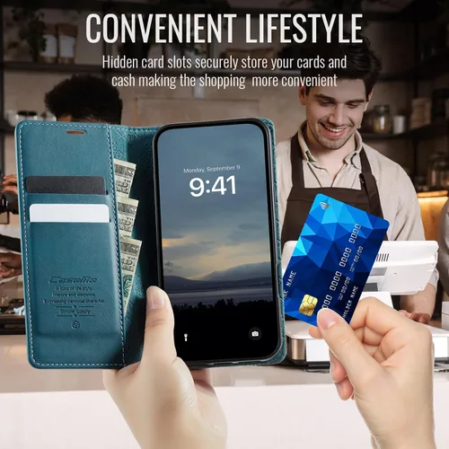 Miniatura 4 de Funda tipo cartera para iPhone 13 de piel tipo cartera con tarjetero y función atril, cierre magnético, bloqueo RFID, TPU a prueba de golpes