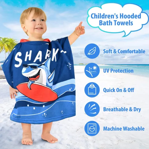 Miniatura 5 de HUANLANG Poncho de baño con capucha para niños y niñas, toalla de algodón súper suave y absorbente para niños de 2 a 6 años Gafas de sol Shark