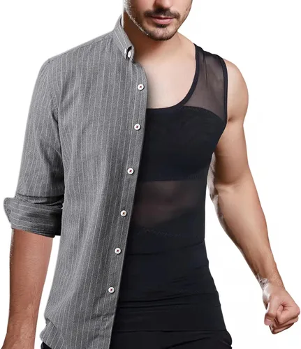 Miniatura 5 de ISUP Camisa de compresión para hombre, adelgazante, moldeador de cuerpo, compresión de pecho, control de abdomen