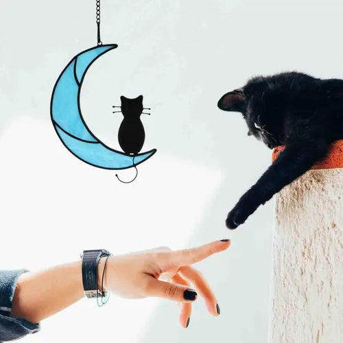 Miniatura 5 de Black Cat Decor On Moon Suncatcher Decoration,Cat Memorial Gifts for Cats Lovers Stained Glass Window Hangingt,Cats Loss Sympathy Gift,Pet Memorial