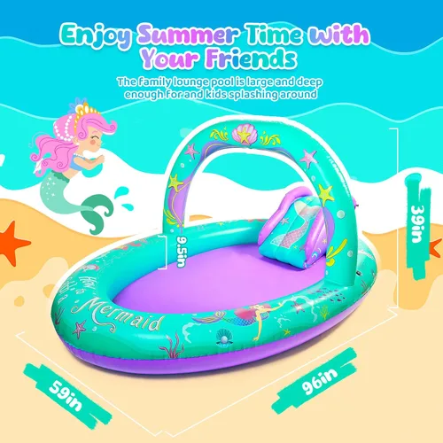 Miniatura 4 de SULIFEEL Centro de Juego Inflable de Sirena Piscina para Niños con Tobogán y Aspersor para Niños, 96''x59''x39'' Piscina para Bebés para Patio