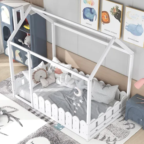 Miniatura 3 de MERITLINE Cama de madera tamaño individual, base de cama con techo, cama individual para niñas, niños, necesita somier, color blanco