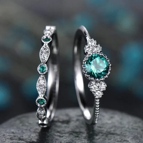 Miniatura 2 de Fashion - Juego de 2 anillos de plata de ley 925 con esmeralda natural, corte redondo, circonita cúbica, anillo de compromiso clásico de eternidad