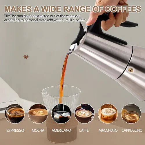 Miniatura 6 de Olla eléctrica de acero inoxidable para 6 tazas de 10.1 fl oz, cafetera expresa, cafetera portátil, cafetera italiana, clásica, Greca, Café, moca