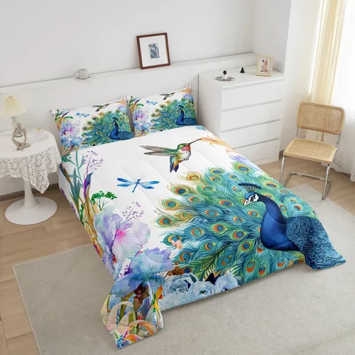 Miniatura 3 de Juego de edredón de plumas de pavo real, colibrí, libélula y libélula, juego de ropa de cama con patrón de flores y pájaros para niñas y mujeres