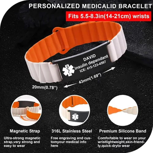 Miniatura 5 de Cómodas pulseras de alerta médica personalizadas para mujeres y hombres, pulsera médica grabada personalizada con correa de silicona magnética