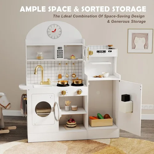Miniatura 3 de JOYLDIAS Cocina moderna de madera, juego de cocina de juguete para niños pequeños con lavadora, refrigerador, microondas, horno, cafetera, luces