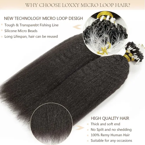 Miniatura 2 de Extensiones de cabello humano con micro anillo, lacio, rizado, color negro natural, largo microenlaces, extensiones de cabello humano para personas