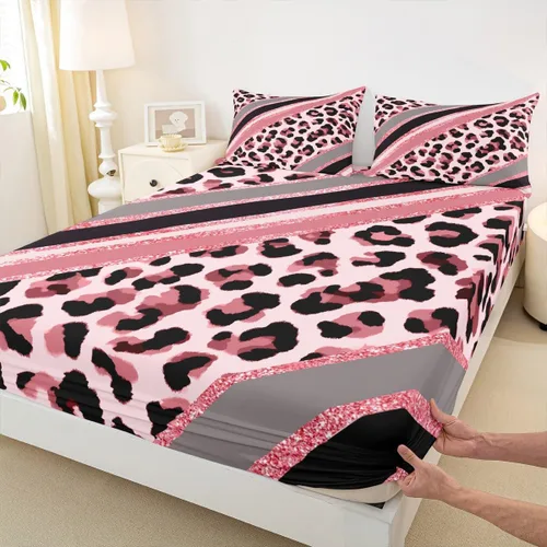 Miniatura 28 de Sábana bajera ajustable para niños, tamaño individual, diseño de cebra y leopardo con purpurina, decoración de habitación para niñas y mujeres, A1