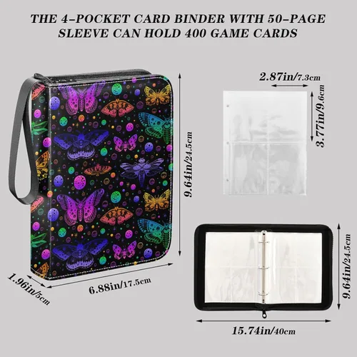 Miniatura 2 de Carpeta bohemia para tarjetas de mariposa y luna, con 400 bolsillos, 50 páginas extraíbles, 3 anillos, 4 bolsillos para tarjetas de juego, TCG