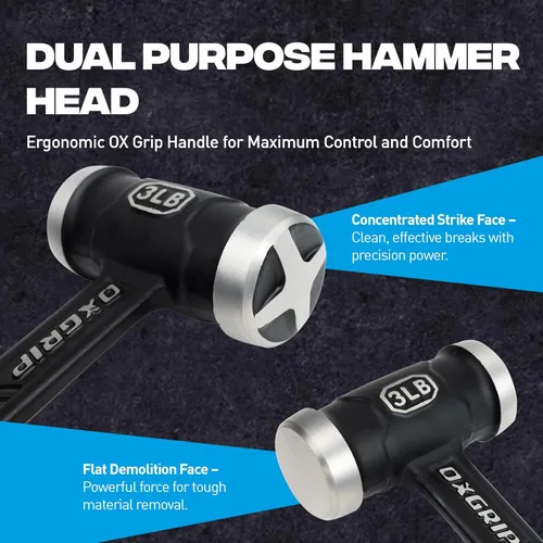 Miniatura 5 de OX Pro Ultrastrike Martillo de trineo de 3 lb con amortiguación de vibraciones, cuello puenteado y empuñadura ergonómica antideslizante