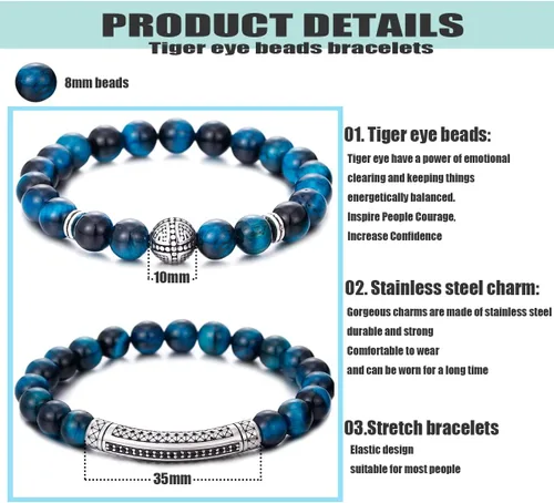 Miniatura 2 de BOMAIL Pulsera elástica de piedras de ojo de tigre para hombres y mujeres, 0.315 in, joyería de moda