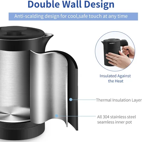 Miniatura 3 de 0.6L Hervidor Eléctrico Pequeño de Acero Inoxidable, Calentador de Agua Caliente Portátil de Pared Doble, Tetera de Té Mini de Tacto Frío, Apagado