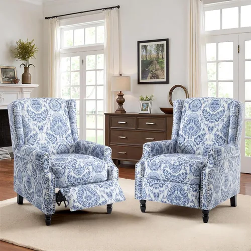 Miniatura 34 de Silla reclinable tapizada, sillón de ala floral con respaldo y reposapiés ajustables, cómoda silla decorativa para leer, sofá individual