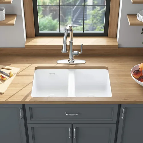 Miniatura 5 de American Standard 77DB30190.308 Delancey - Fregadero de cocina de hierro fundido de doble tazón 30x19, color blanco brillante