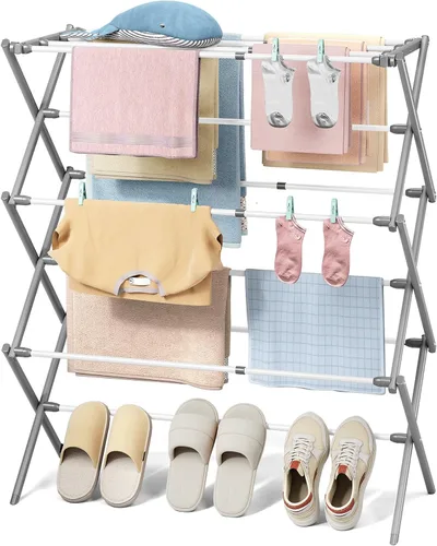 Miniatura 11 de KINGBOARD Tendedero de secado de ropa plegable con 11 postes, estante de secado de lavandería de 3 niveles, estante de secado de ropa pequeño