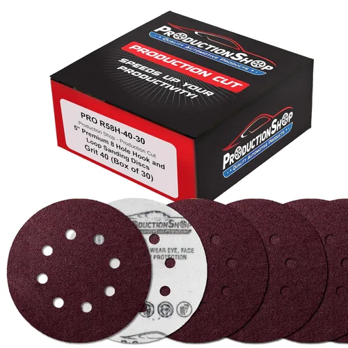 ProductionShop Discos de lijado de grano 40 con patrón rojo de 8 agujeros de 5 pulgadas, caja de 30, papel de lija sin polvo con respaldo de gancho