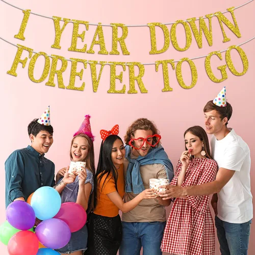 Miniatura 5 de Cartel de 1 año con texto en inglés "Down Forever to Go", regalo de 1 año de matrimonio, suministros de decoración de fiesta de aniversario de boda