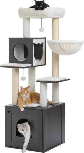 Miniatura 9 de Árbol alto para gatos con recinto para caja de arena de 56.7" Torre de madera para gatos para gatos grandes con hamaca casa cama para gatos
