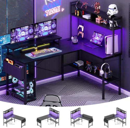 Aheaplus Escritorio para juegos en forma de L con tomas de corriente y luces LED, escritorio pequeño en forma de L para computadora con soporte para