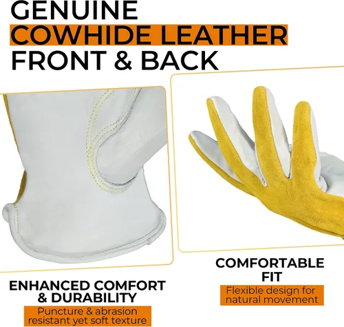 Miniatura 2 de HANDLANDY Guantes de jardinería de cuero para hombre, guantes de trabajo utilitarios para mecánicos, construcción, conductor
