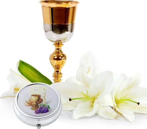 Miniatura 5 de Juego de regalo religioso de la Primera Comunión, soporte de joyería en tono plateado y collar de cuentas de oración blanca, rosario de recuerdo