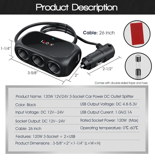 Miniatura 2 de Adaptador divisor de encendedor de cigarrillos de coche de 3 enchufes, 2 extensores USB [120W] [12V/24V] [cargador de coche dual USB de 3.1 A]