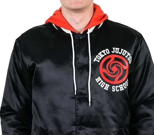 Miniatura 3 de Bioworld Jujutsu Kaisen TJHS Logo Men's Navy Hooded Satin Bomber Jacket