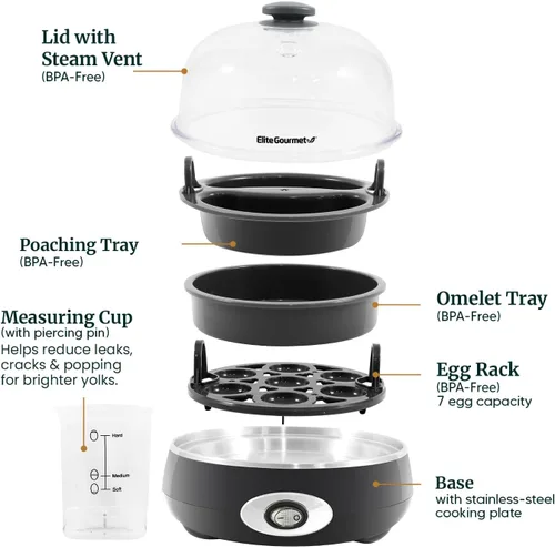 Miniatura 6 de Elite Gourmet EGC007CHC# Cocedor Rápido de Huevos, 7 Huevos Hervidos Fáciles de Pelar, Duros, Medianos, Suaves, Escalfador, Máquina para Tortillas