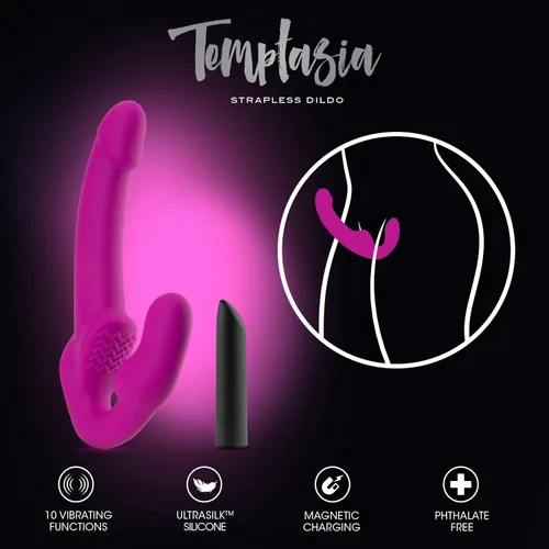 Miniatura 4 de Blush Temptasia Estella - Consolador vibrador curvado de silicona de 9.5 pulgadas, doble extremo sin tirantes, recargable, impermeable, profundo Rosa