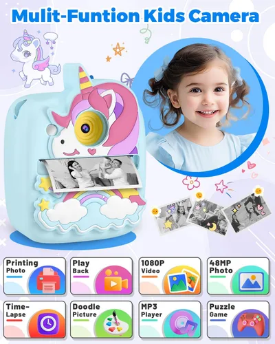 Miniatura 3 de Cámara para Niños Impresión Instantánea, Regalos de Navidad y Cumpleaños para Niños de 3 a 8 Años, Cámara de 48MP y 1080P para Niños con Papel
