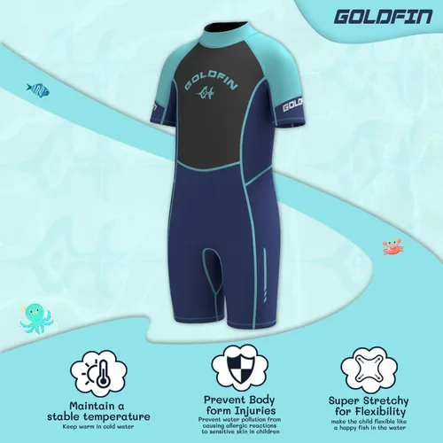 Miniatura 2 de Goldfin Traje de neopreno corto de 0.118 pulgadas para niños y niñas, para mantener el calor en agua fría, surf, natación, esnórquel, buceo Azul