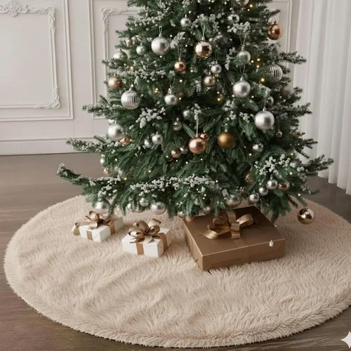 Miniatura 13 de Faldones de Felpa para Árbol de Navidad, 24 pulgadas, Lujosa Cubierta de Base de Árbol de Navidad de Piel Sintética Negra con Copos de Nieve Dorados