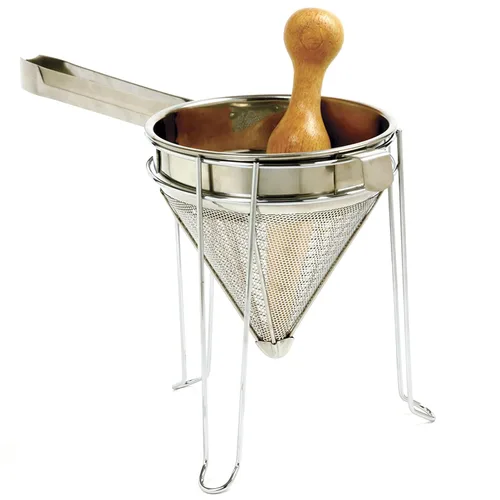 Norpro 642 Colador chino de acero inoxidable con soporte y mano de madera, colador de caldo, colador de jalea, colador de China