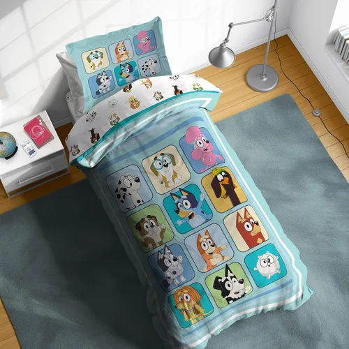 Sunny Side Up - Juego de colcha individual Bluey & Friends - 5 piezas de ropa de cama para niños incluye colcha, sábanas y funda de almohada - Juego