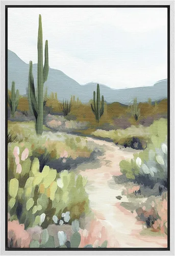 SIGNFORD Lienzo enmarcado para pared, camino del desierto con cactus, naturaleza silvestre, ilustraciones modernas, arte decorativo, rústico,