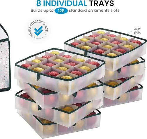 Miniatura 4 de ZOBER Caja de almacenamiento de plástico para adornos de Navidad, almacena 128 adornos de 3 pulgadas con bandejas individuales, caja de Verde