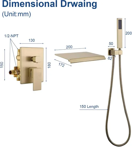 Miniatura 6 de Taplong Grifo de bañera de montaje en pared con boquilla de cascada, juego de grifo de bañera montado en la pared con rociador de mano dorado