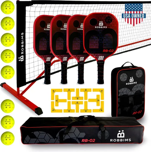 Juego de pickleball con red | 4 paletas de fibra de carbono aprobadas por Pickleball de EE. UU., sistema de red portátil de tamaño regulador, 8