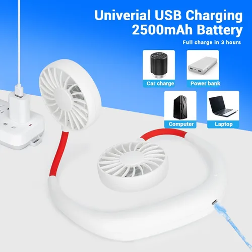 Miniatura 4 de Ventilador de cuello portátil y recargable, manos libres de carga USB con 3 velocidades ajustables y rotación libre de 360º, perfecto para Blanco